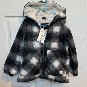Zara Kids Gray and White Plaid Jacket with Hood, Sherpa Inside